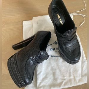 Prada black Embossed Crocodile Platform Loafers Sz 36.5